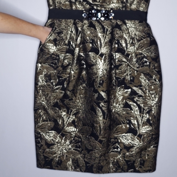 Alex Evenings Dress 10 Women Damask Metallic Sheath Jewel Beaded Belt Zip NYE - Picture 3 of 12